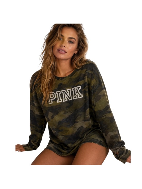 Victoria's Secret PINK Tops - Victoria’s Secret PINK Camo Distressed Long Sleeve Lounge Tee Shirt Medium M